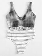 Romwe Gingham & Striped Print Tassel Tie Swimsuit