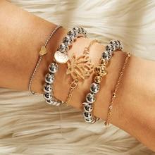 Romwe Lotus Detail Beaded & Chain Bracelet 5pc