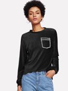 Romwe Pearl Beading Scalloped High Low T-shirt