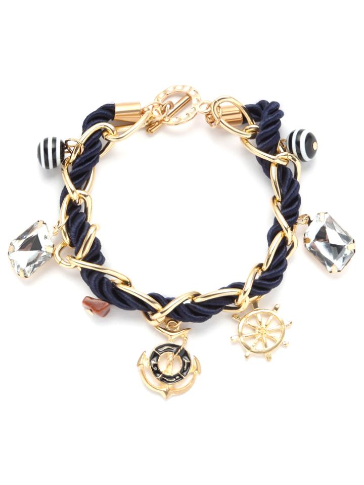 Romwe Navy Braided Multi Pendant Charm Bracelet