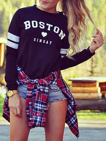 Romwe Black Round Neck Letters Print Sweatshirt