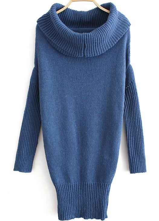 Romwe High Neck Batwing Knit Blue Sweater Dress