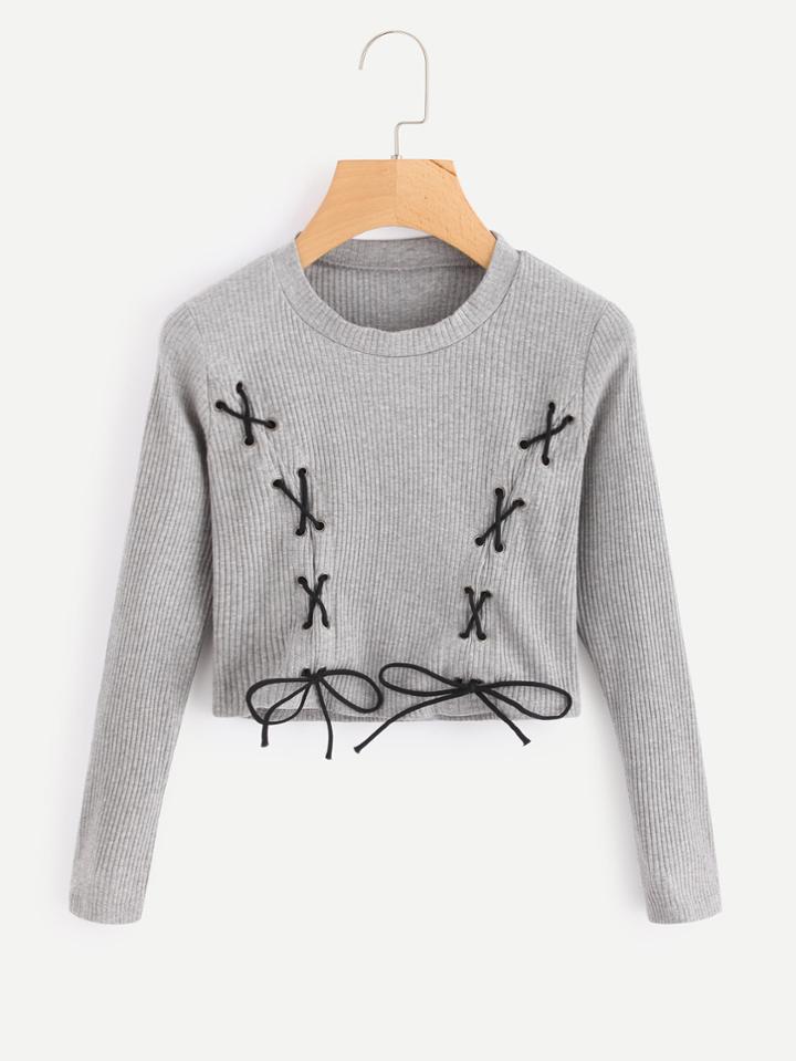 Romwe Eyelet Lace Up Ribbed Crop Tee