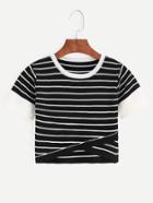 Romwe Black Striped Contrast Trim Knitted Wrap Top