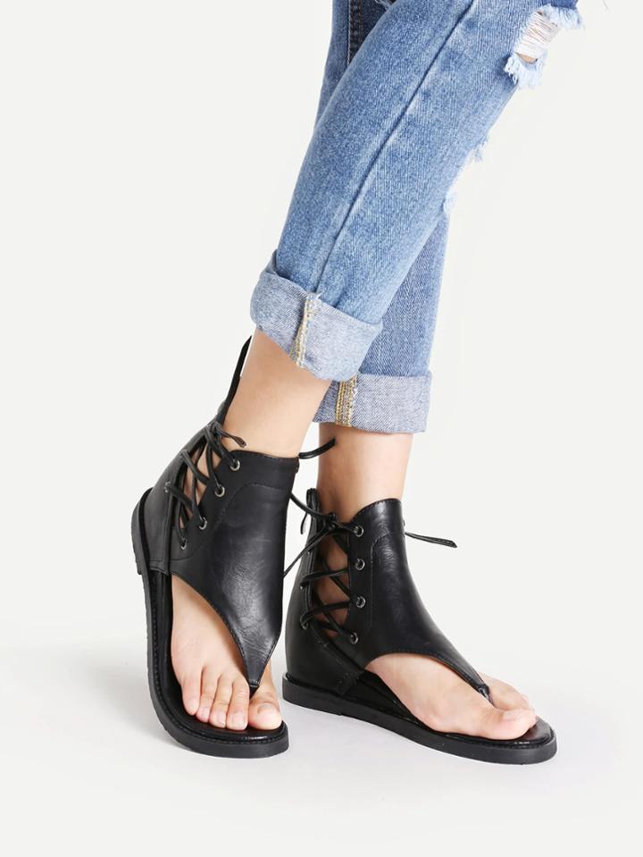 Romwe Pu Criss Cross Lace Up Sandals