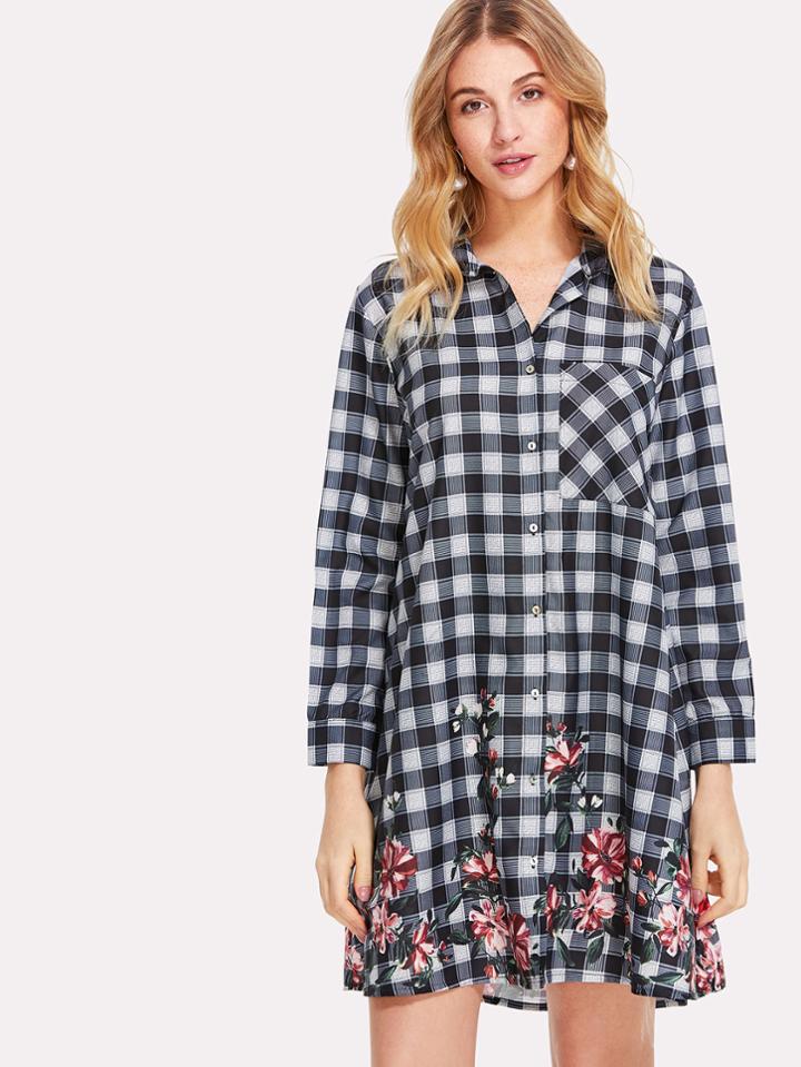 Romwe Flower Print Single Pocket Checked Shirt Dress