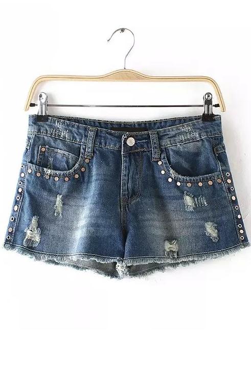 Romwe With Rivet Ripped Fringe Denim Shorts