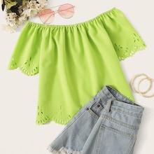 Romwe Neon Green Laser Cut Off The Shoulder Blouse