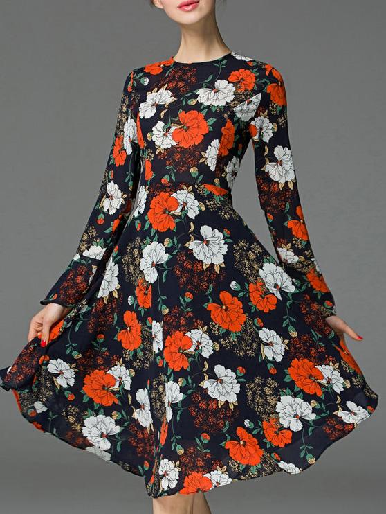 Romwe Red Bell Sleeve Floral A-line Dress