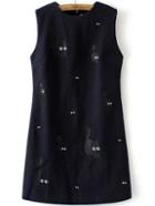 Romwe Sleeveless Cat Embroidered Navy Dress