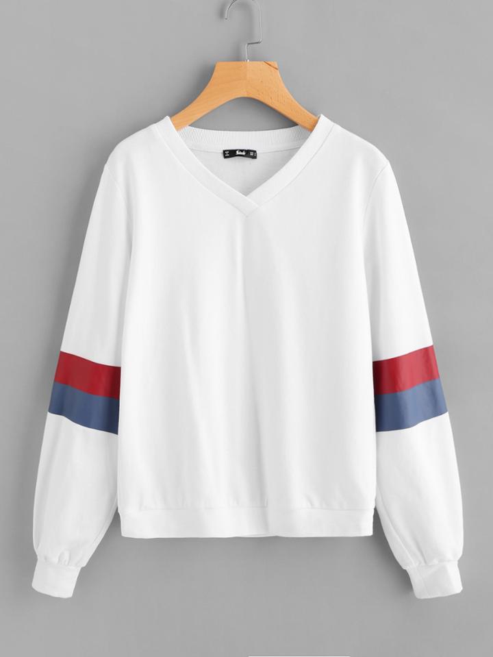 Romwe Contrast Striped Sleeve V Neck Sweatshirt