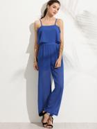 Romwe Blue Spaghetti Strap Ruffle Chiffon Jumpsuit