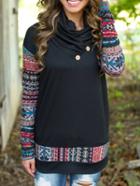 Romwe Draped Neck Snowflake Print Buttons Sweater