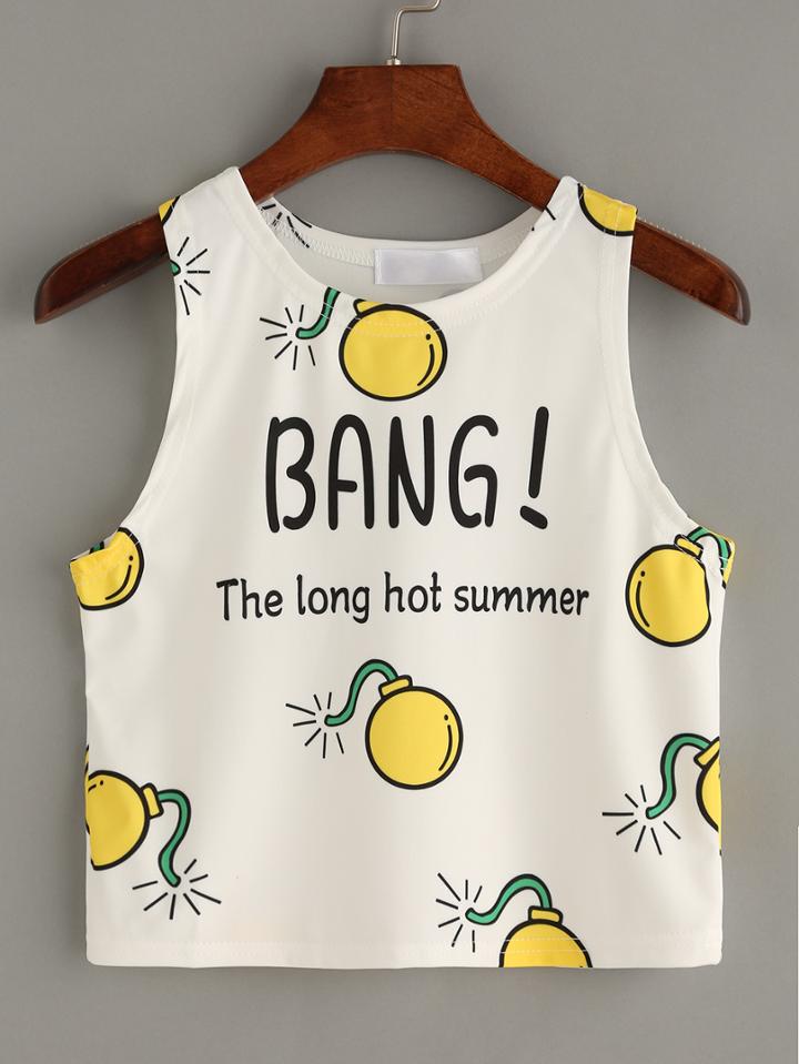 Romwe White Bomb Print Crop Tank Top