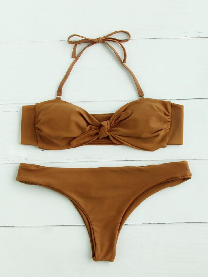 Romwe Knot Front Bandeau Bikini Set
