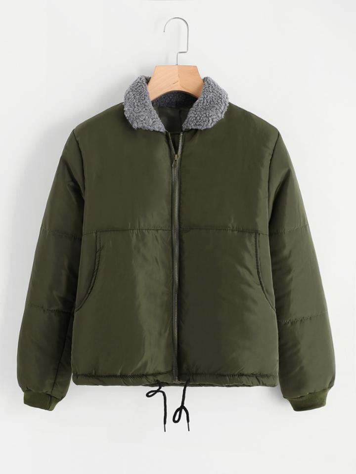 Romwe Sherpa Neck Drawstring Hem Zip Up Jacket