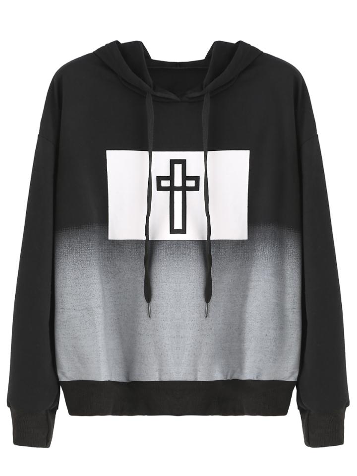 Romwe Ombre Hooded Cross Print Sweatshirt