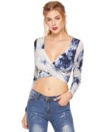 Romwe Navy V Neck Crisscross Tie Crop T-shirt