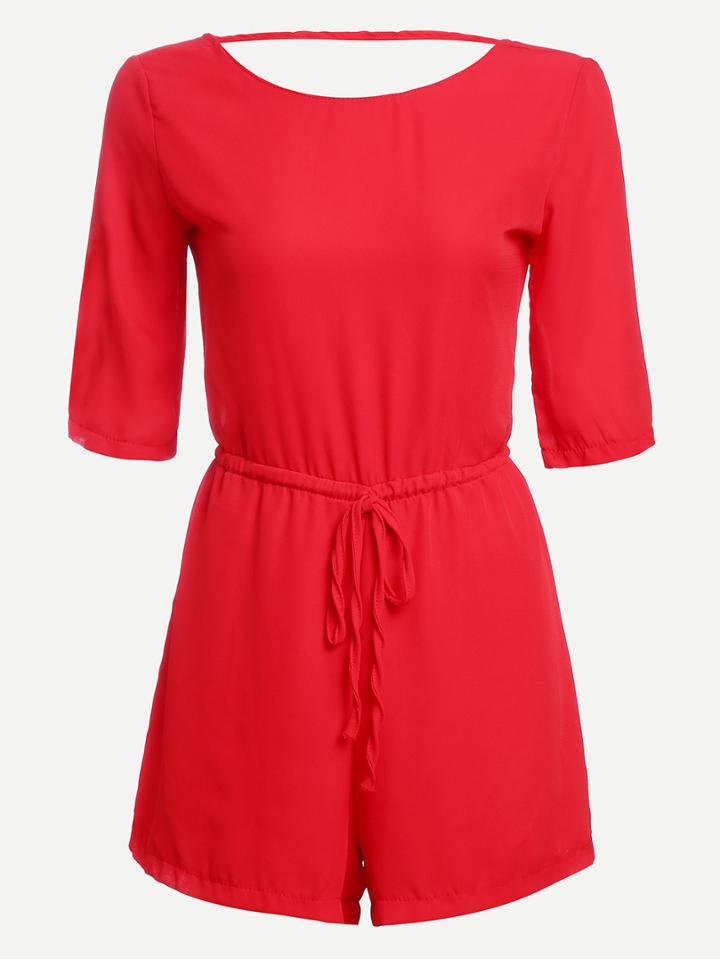 Romwe Cutout Tie-back Drawstring Waist Romper - Red
