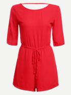 Romwe Cutout Tie-back Drawstring Waist Romper - Red