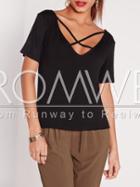 Romwe Black Criss Cross Front Casual T-shirt