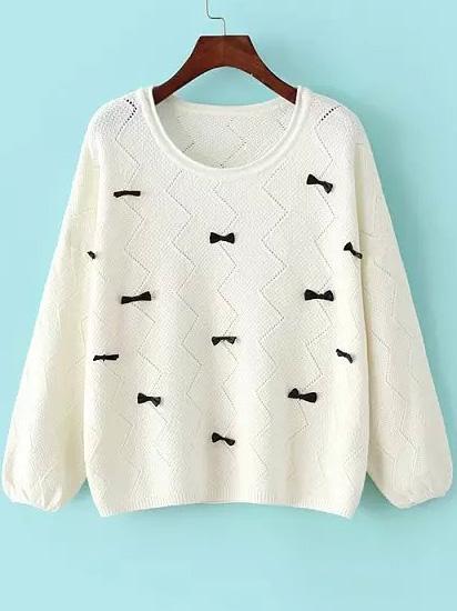 Romwe Round Neck Bow White Sweater