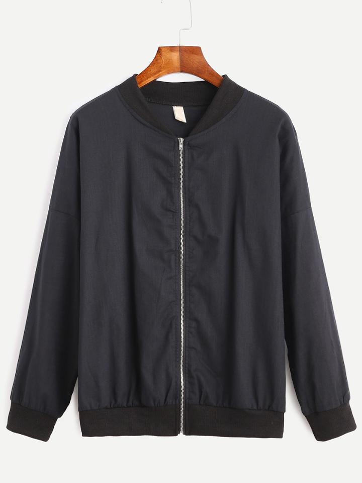 Romwe Black Drop Shoulder Zipped Bomber Jacket