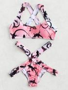 Romwe Lizard Print Cross Back Bikini Set