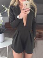Romwe Women Black Deep V Neck Jumpsuit