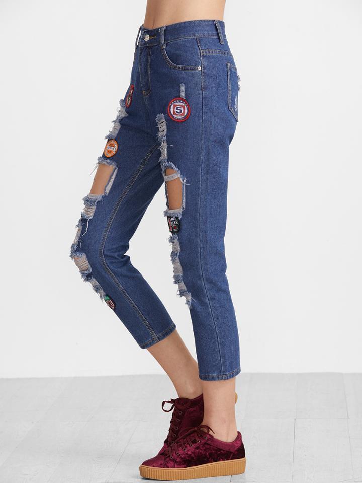 Romwe Blue Embroidery Patch Distressed Jeans
