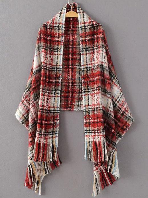 Romwe Red Plaid Fringe Hem Scarf