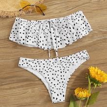 Romwe Dot Print Flounce Bardot Bikini Set