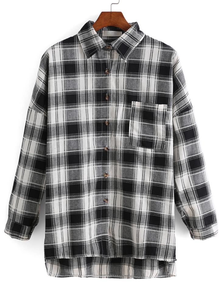 Romwe Lapel Dip Hem With Pocket Plaid Blouse