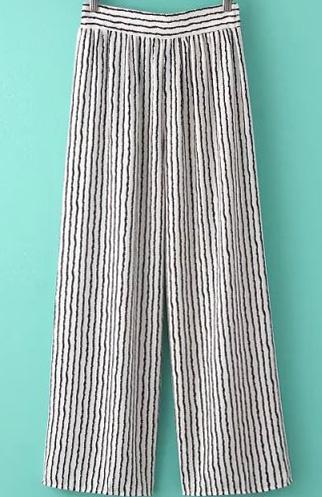 Romwe Elastic Waist Vertical Striped Wide Lege White Pant