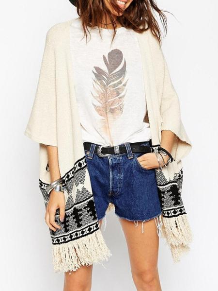 Romwe Geometric Print Tassel Dolman Cardigan