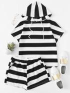 Romwe Contrast Striped Drawstring Tee With Shorts