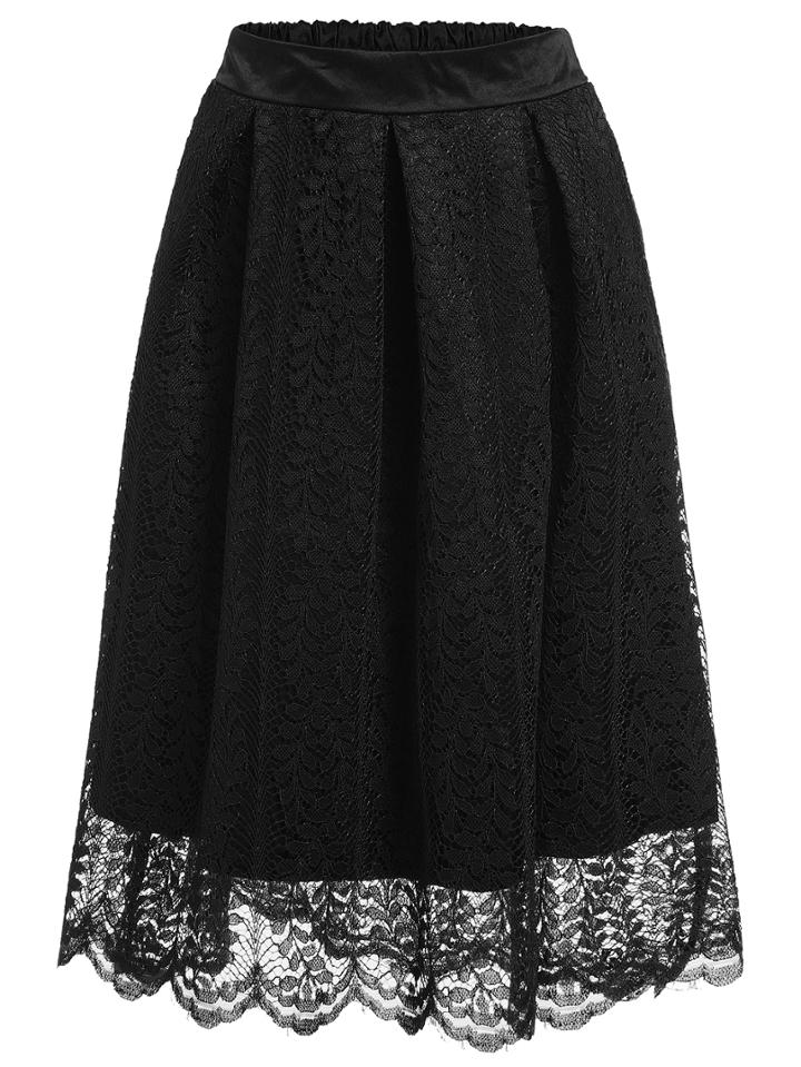 Romwe Elastic Waist Lace Black Skirt