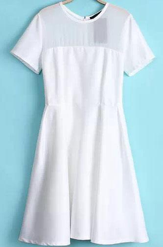 Romwe Short Sleeve With Zipper White Pleated Dress