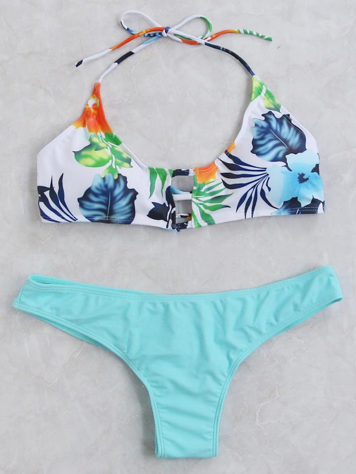 Romwe Floral Print Cutout Halter Bikini Set