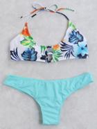 Romwe Floral Print Cutout Halter Bikini Set