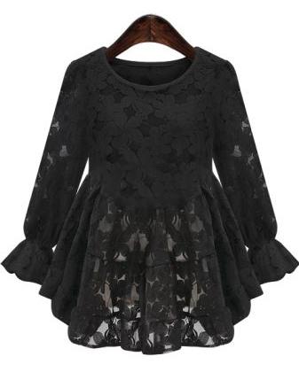 Romwe Round Neck Peplum Hem Lace Black Blouse