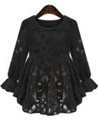 Romwe Round Neck Peplum Hem Lace Black Blouse