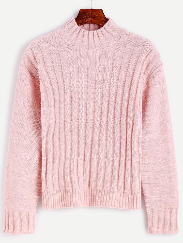 Romwe Pink Mock Neck Ribbed Knit Sweater