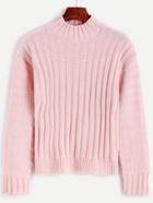 Romwe Pink Mock Neck Ribbed Knit Sweater