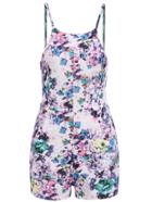 Romwe Spaghetti Strap Flower Print Purple Romper