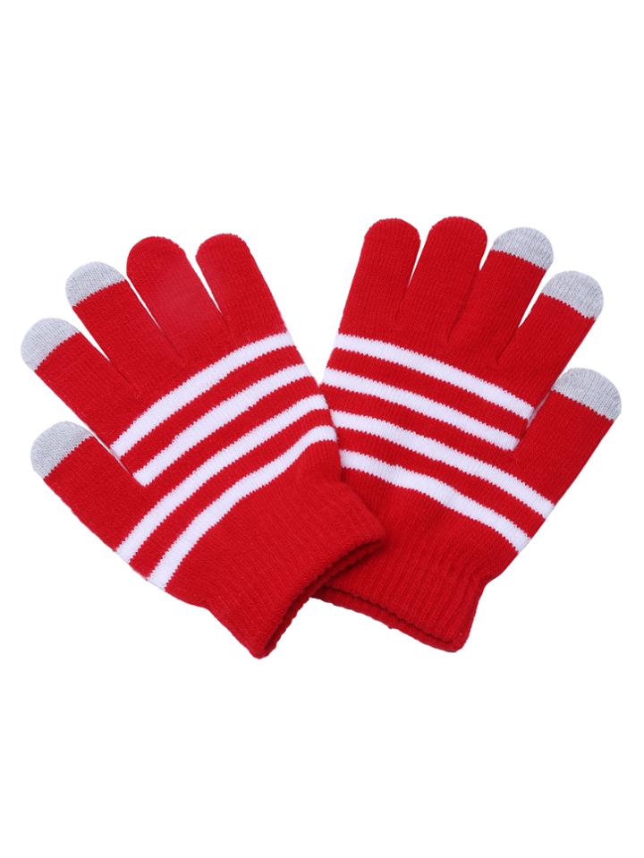 Romwe Red Striped Knit Textured Telefingers Gloves