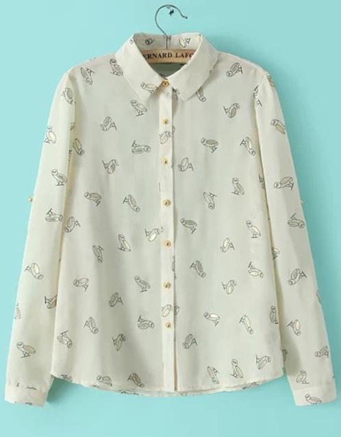 Romwe White Long Sleeve Owl Print Chiffon Blouse