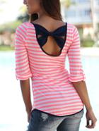 Romwe Long Sleeve Striped Bow Pink T-shirt