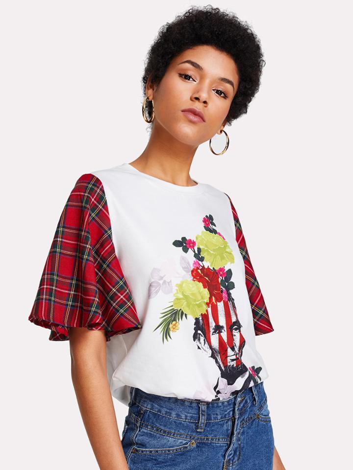 Romwe Tartan Bell Sleeve Graphic Tee