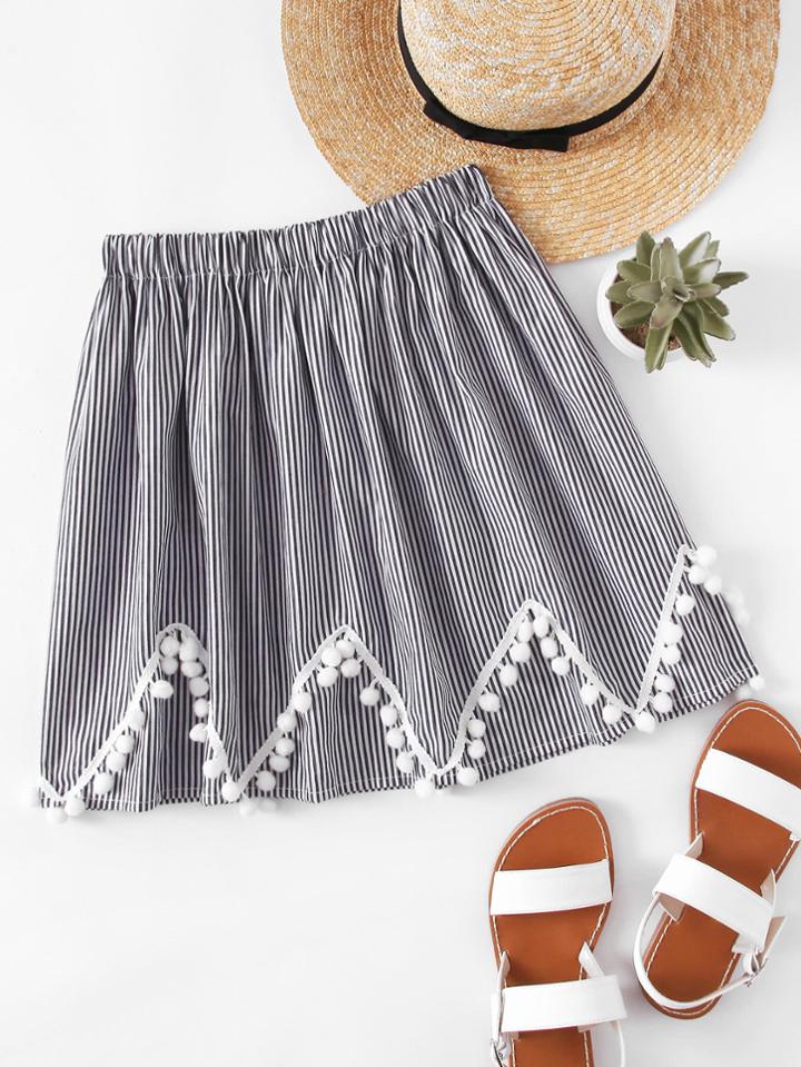 Romwe Striped Chevron Pompom Trim Skirt